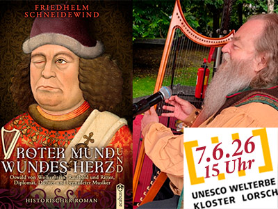 7.6.26 UNESCO Welterbe- & Geoparktag rund ums Kloster Lorsch: 15:25-15:40 Uhr Lesung mit Live-Musik aus meinem Roman &raquo;Roter Mund und wundes Herz&laquo; im &raquo;Welterbe-Wohnzimmer&laquo; zu F&uuml;&szlig;en der K&ouml;nigshalle